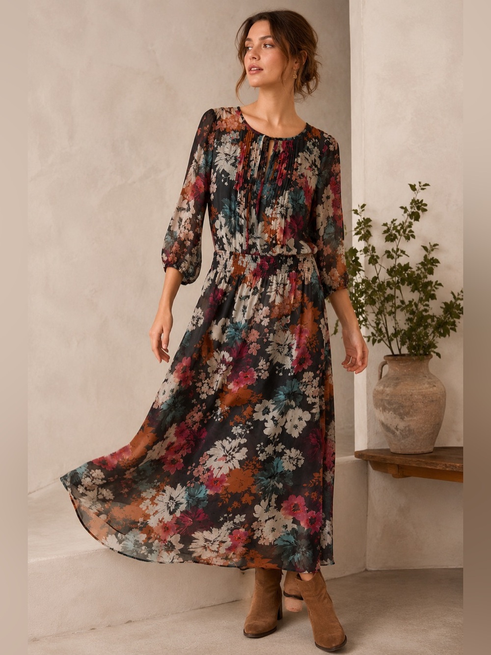 Sundance 100% Silk Floral Maxi Dress Medium Smocked Waist Boho Romantic Cottage